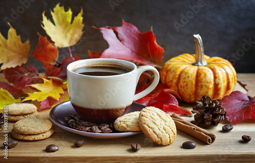 Autumn Time With Cookies In A Coffee Cup, Fall Relaxation with Coffee and Sweet Treats, Relaxing Autumn Afternoon with Coffee Delights