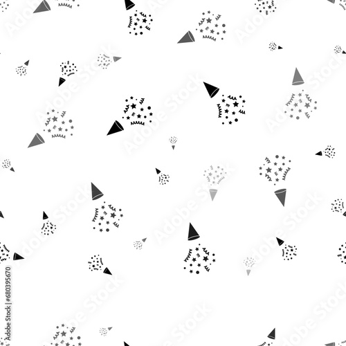 Seamless vector pattern with exploding party poppers, creating a creative monochrome background with rotated elements. Vector illustration on white background