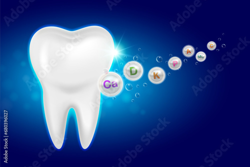 Vitamin mineral template for teeth Nutrients necessary for healthy bones and teeth Helps strengthen bones Medical and health concepts. Realistic vector illustration.