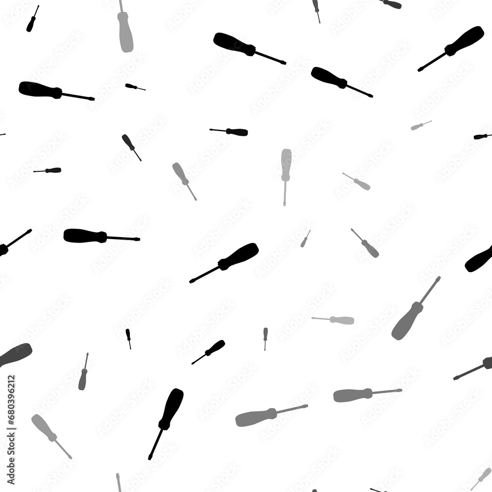 Seamless vector pattern with screwdriver symbols, creating a creative monochrome background with rotated elements. Illustration on transparent background