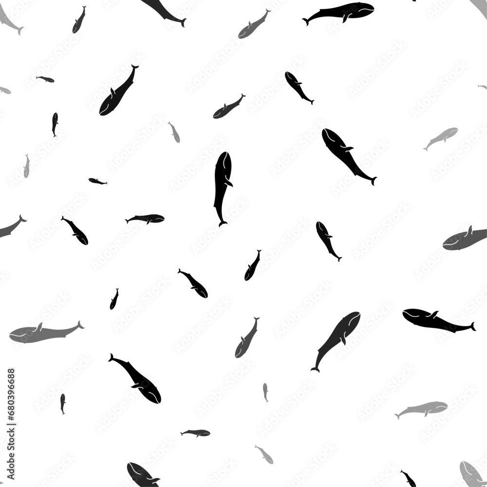 Seamless vector pattern with whale symbols, creating a creative monochrome background with rotated elements. Vector illustration on white background Seamless vector pattern with whale symbols, creating a creative monochrome background with rotated elements. Vector illustration on white background