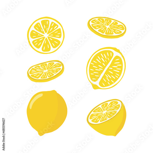 Lemons are bright in a flat style. A set of lemons in different sections, half, whole, highlighted on a white background.