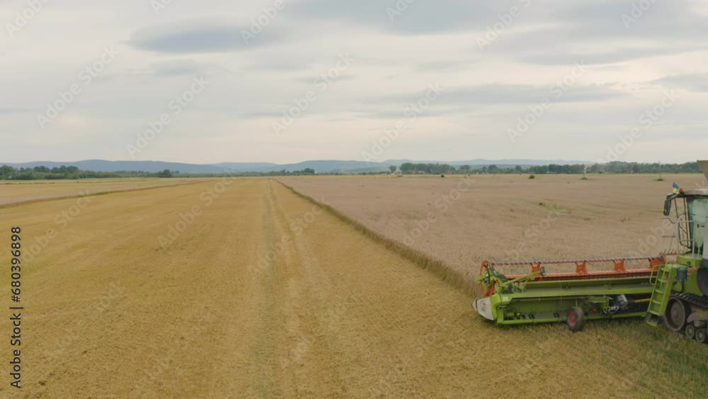 Aerial view of a combine harvester and agricultural machinery harvesting wheat. The work of machinery in the field during the harvest Aerial view of a combine harvester and agricultural machinery harvesting wheat. The work of machinery in the field during the harvest