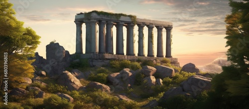 In the midst of the serene landscape stood an old granite structure, adorned with ancient columns that towered above, a revered outdoor landmark with engraved granite columns that have withstood the