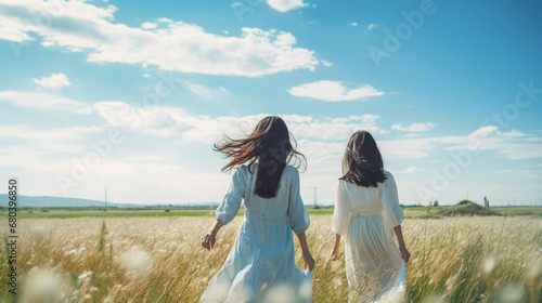 草原を歩く二人の女性