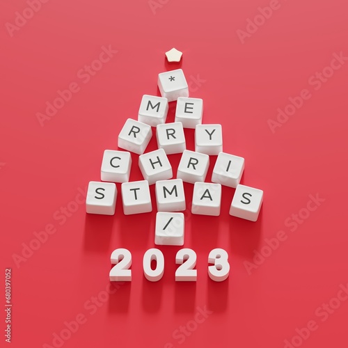 Christmas Tree Symbol made by White Computer keys cap on Red color background. Minimal Happy new years idea concept flat lay. 3D Rendering © HappyAprilBoy