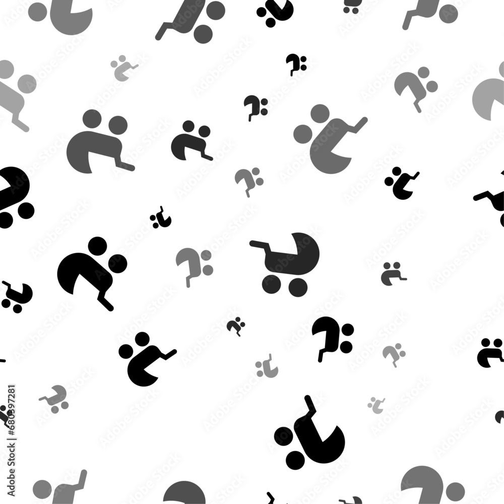 Seamless vector pattern with baby carriage symbols, creating a creative monochrome background with rotated elements. Vector illustration on white background