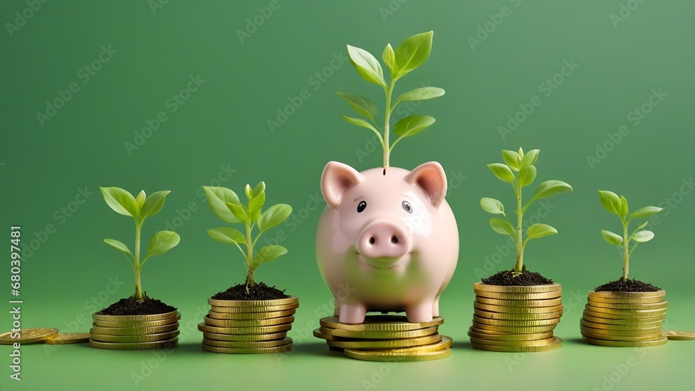 Smiling pink pig piggy bank, a stack of gold coins and a green plant growing, isolated on green background. Investment success, savings concept - obrazy, fototapety, plakaty 