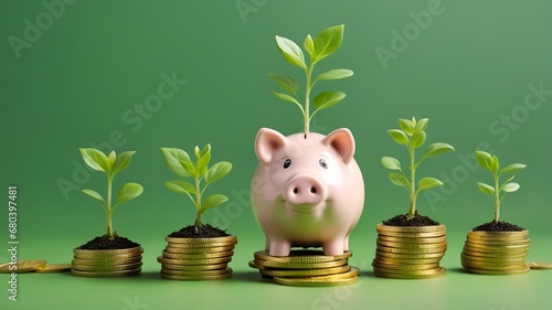 Smiling pink pig piggy bank, a stack of gold coins and a green plant growing, isolated on green background. Investment success, savings concept photo