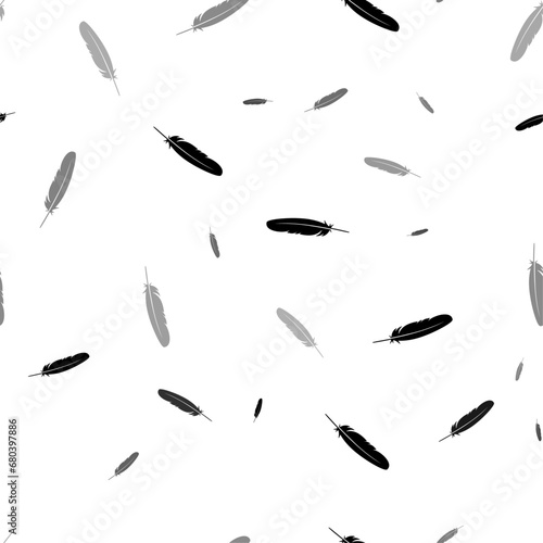 Seamless vector pattern with feather symbols, creating a creative monochrome background with rotated elements. Vector illustration on white background