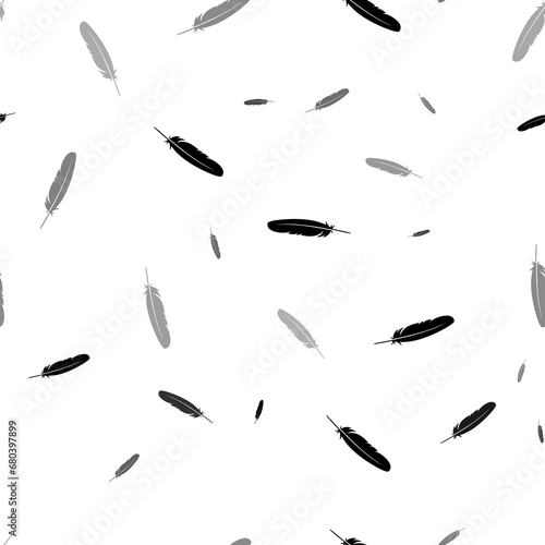 Seamless vector pattern with feather symbols, creating a creative monochrome background with rotated elements. Illustration on transparent background