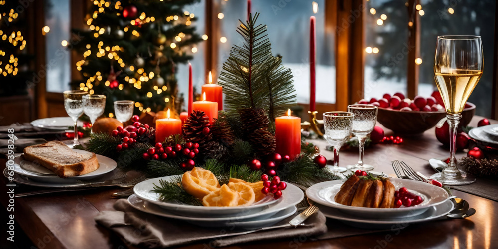 Crafting Magical Holiday Memories: Masterful Christmas Table Setting Ideas Illuminated by Enchanting Candlelight Generative AI