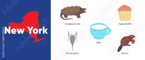 New York city states of symbol object of snapping turtle sea scorpion beaver America country illustration