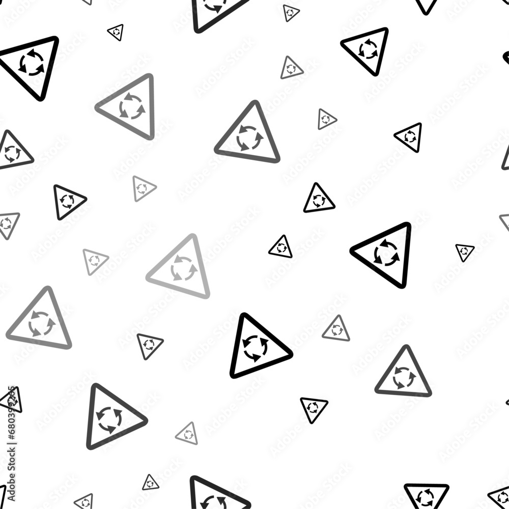 Seamless vector pattern with roundabout signs, creating a creative monochrome background with rotated elements. Vector illustration on white background