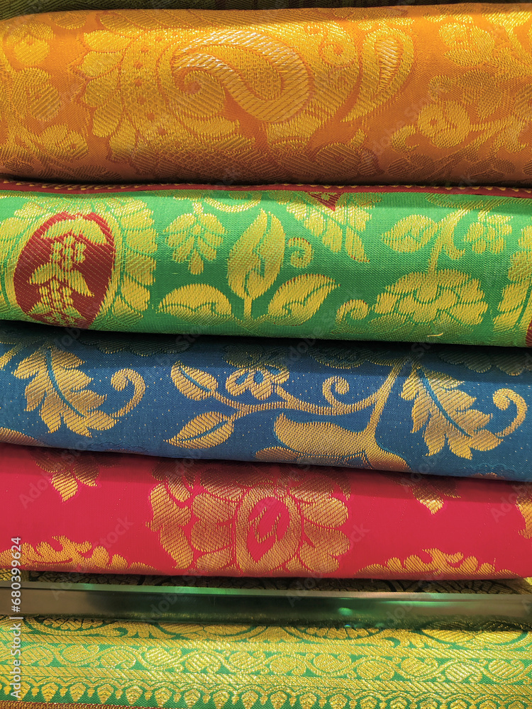 Stack of traditional sari in India Stack of traditional sari in India