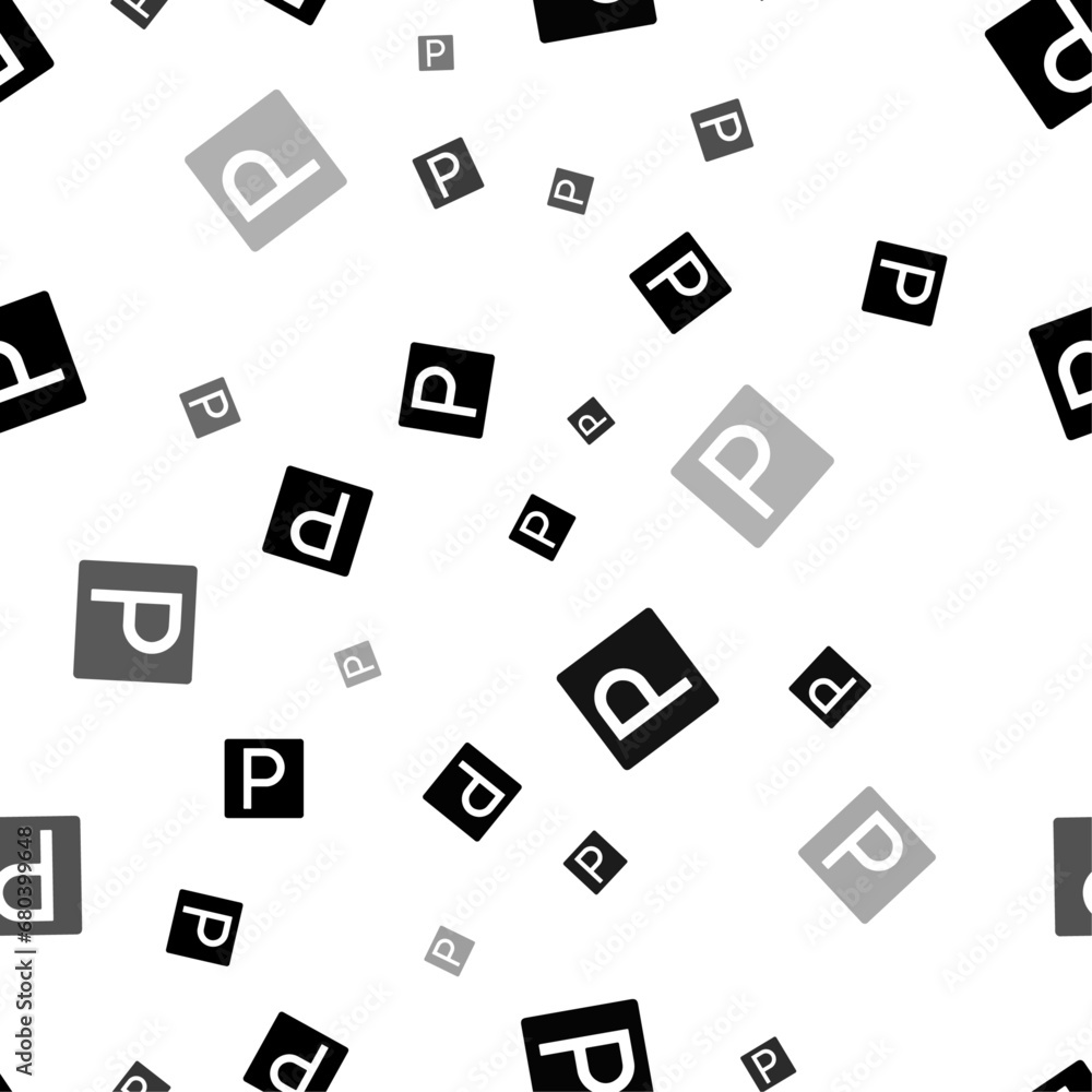 Seamless vector pattern with road parking signs, creating a creative monochrome background with rotated elements. Vector illustration on white background