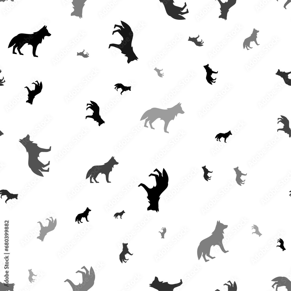 Seamless vector pattern with wolf symbols, creating a creative monochrome background with rotated elements. Vector illustration on white background