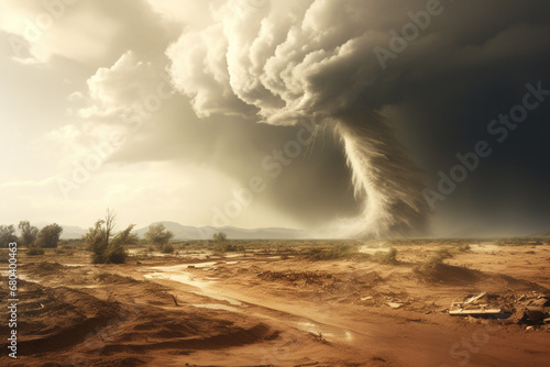 Massive tornado, cyclone on land with huge clouds.