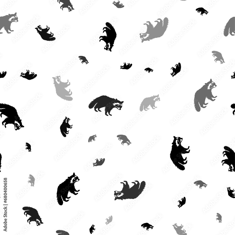 Fotografie Seamless vector pattern with raccoon symbols, creating a creative monochrome background with rotated elements