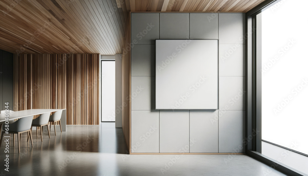Minimalist conference room with blank white poster on grey wall. Contemporary meeting area. Generative AI Minimalist conference room with blank white poster on grey wall. Contemporary meeting area. Generative AI