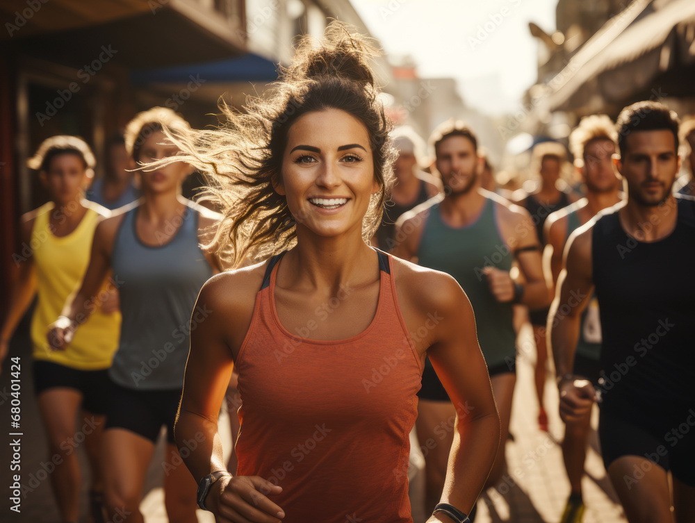 Female athlete running joyfully with a group in an urban setting. Generative AI