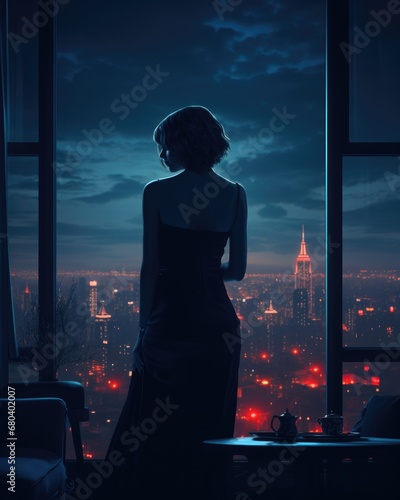 Jeune femme devant une baie vitrée dans la nuit qui regarde la ville