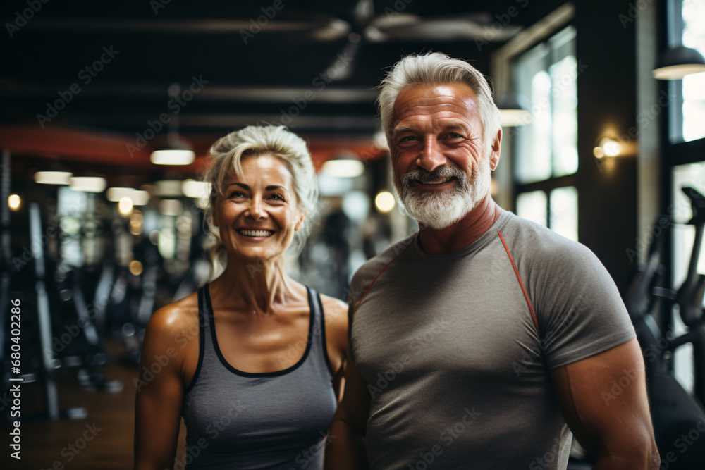 Portrait of a smiling senior couple standing together at the gym and looking at camera