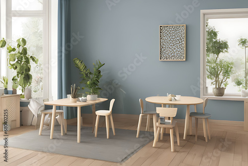 Modern Clean Contemporary Nile Blue Kitchen, Minimalist Interior Design, Wooden Dining Table