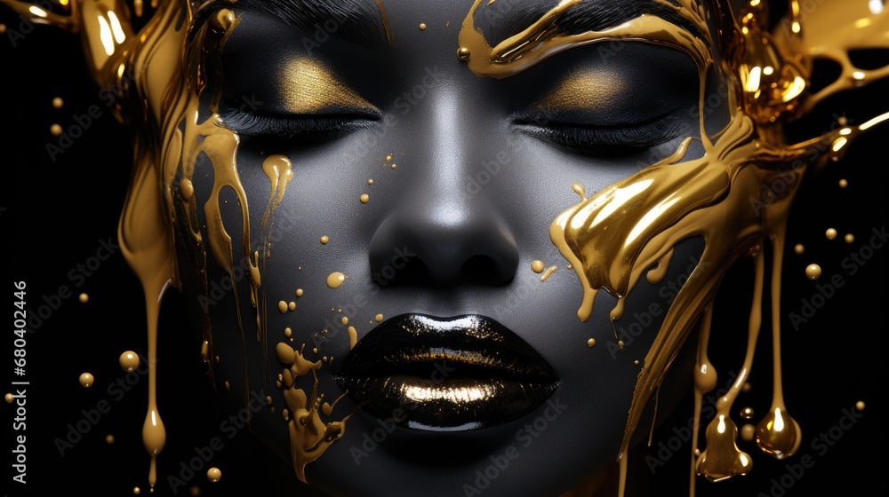 Portrait graphique femme noir avec peinture or qui coule sur le visage