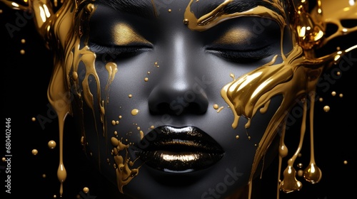 Obraz na płótnie Portrait graphique femme noir avec peinture or qui coule sur le visage w salonie