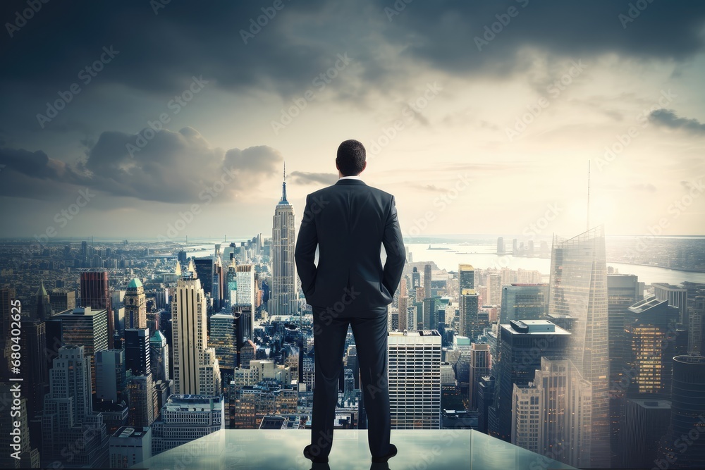 Businessman standing on top of a skyscraper and looking at the city. Businessman standing on top of a skyscraper and looking at the city.