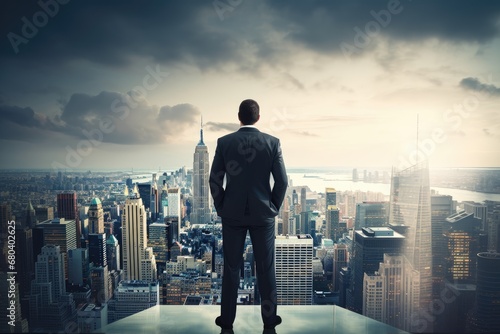 Businessman standing on top of a skyscraper and looking at the city.