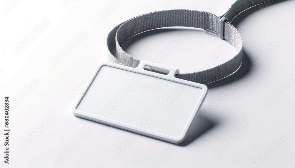 Minimalist badge with gray lanyard on white background. Simplicity and identity design concept. Generative AI Minimalist badge with gray lanyard on white background. Simplicity and identity design concept. Generative AI