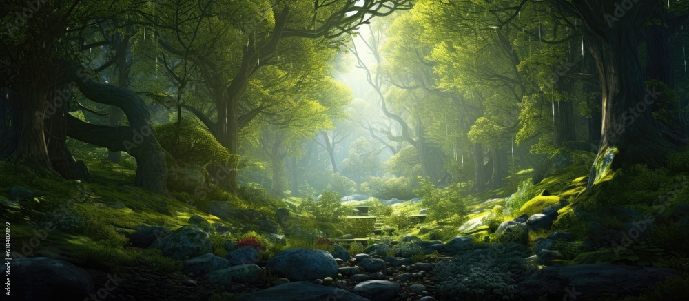 In the heart of the enchanting forest, the summer landscape reveals an ethereal display of green, with the sunlight filtering through the towering trees, creating a magical and vibrant environment