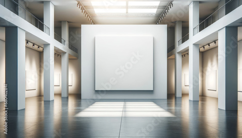 Spacious art gallery with large blank canvases. Modern interior design for exhibitions. Generative AI