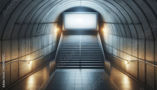 Empty escalator in subway tunnel with blank billboard, mockup. Generative AI