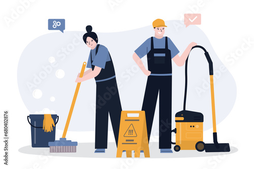Cheerful cleaning team with mop and vacuum cleaner. Group of janitors, cartoon characters. Staff dressed in uniform. Cleaning service. Cleaning tools and detergent.