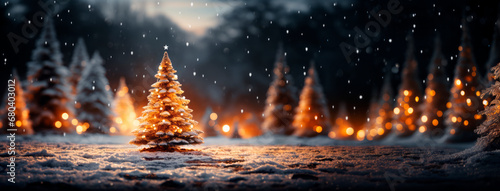 Winter forest with snow covered trees and bokeh lights. Christmas background. Generative AI © Who is Danny