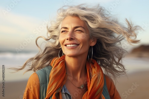 Une femme de 60 ans sénior avec les cheveux dans le vent en train de sourire en extérieur sur la plage photo