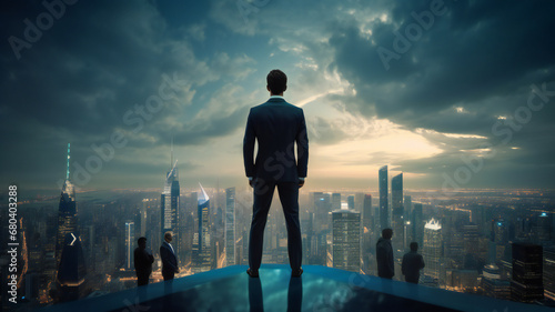businessman leadership, standing on skyscraper progressive future startup.