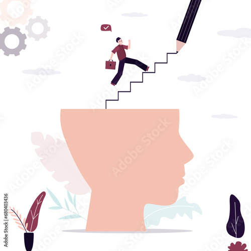 Self-development and motivation for success. Giant pencil draws ladder from giant head. Mentorship, help with planning way, creativity and logical thinking to achieve high results