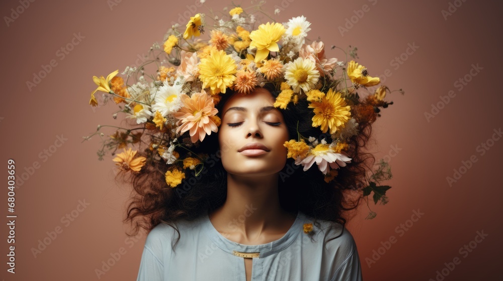 Femme avec des fleurs sur la tète avec les yeux fermés, bonheur intense Femme avec des fleurs sur la tète avec les yeux fermés, bonheur intense