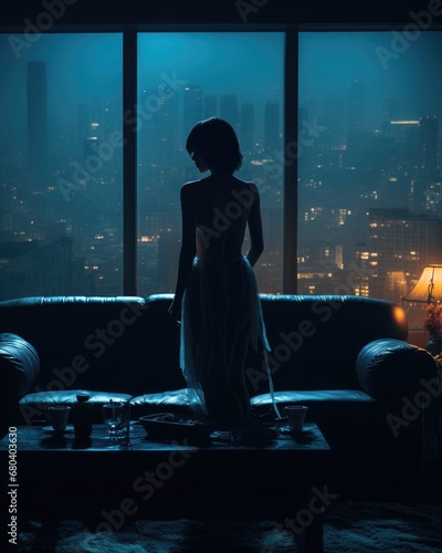 Jeune femme devant une baie vitrée dans la nuit qui regarde la ville