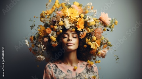 Femme avec des fleurs sur la tète avec les yeux fermés, bonheur intense © jp