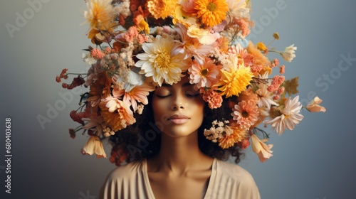 Femme avec des fleurs sur la tète avec les yeux fermés, bonheur intense