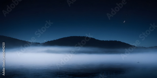 Serene Nighttime Lake Scene Perfect for Dark Background with Mist Over Water and Forested Mountains Under a Starry Sky © Damian