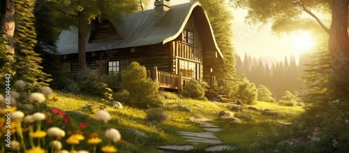 background of a summer travel adventure, surrounded by the beauty of nature, stands a charming wood house nestled among towering trees, with spring blossoms dotting the lush green grass, inviting one photo