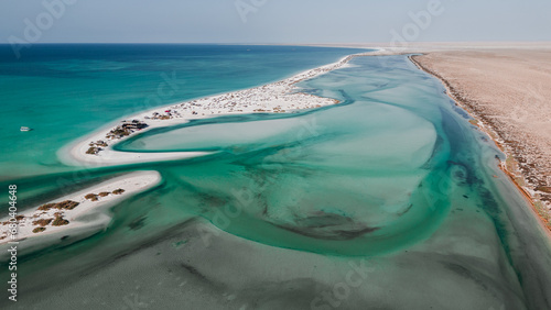 Aerial drone picture of the white sand beaches for Bar Al Hikman in Oman