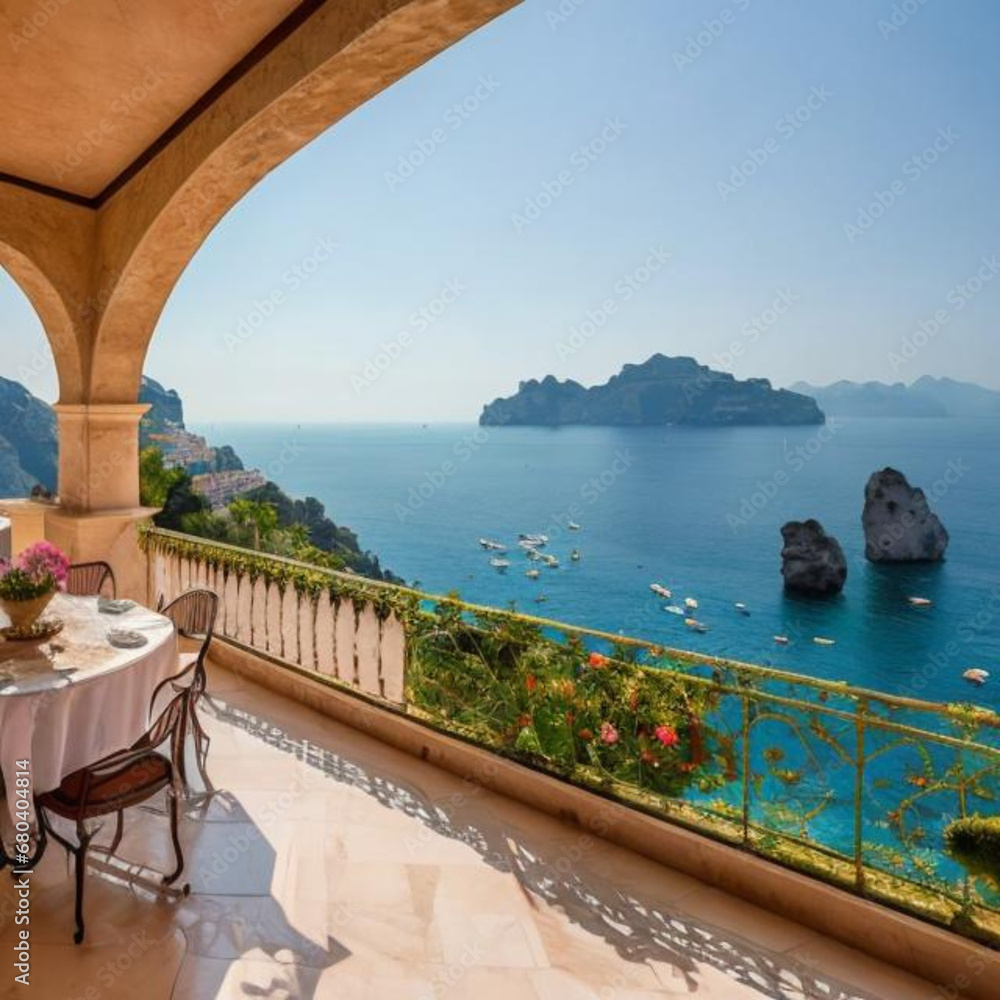 Fototapeta premium Luxurious Villa with Breathtaking Panoramic View, Panoramic Scenery from a Elegant Villa