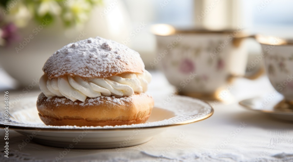 Typical Swedish semla with sweet cream. Generative AI Typical Swedish semla with sweet cream. Generative AI